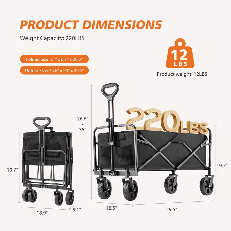 Collapsible and Foldable Wagon Cart with Large Capacity for Garden and Beach, Featuring All-Terrain Wheels and Drink Holders for Shopping, Sports, and Camping