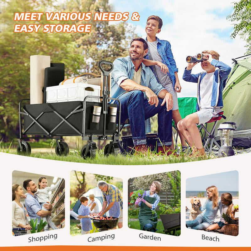 Collapsible and Foldable Wagon Cart with Large Capacity for Garden and Beach, Featuring All-Terrain Wheels and Drink Holders for Shopping, Sports, and Camping