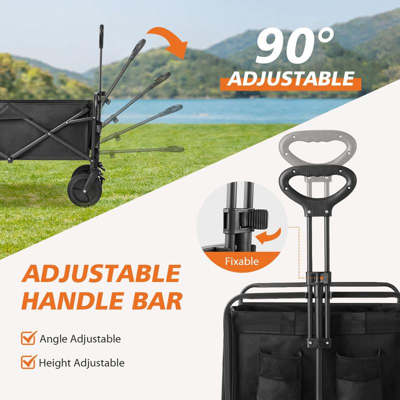 Collapsible and Foldable Wagon Cart with Large Capacity for Garden and Beach, Featuring All-Terrain Wheels and Drink Holders for Shopping, Sports, and Camping