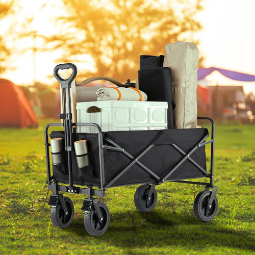 Collapsible and Foldable Wagon Cart with Large Capacity for Garden and Beach, Featuring All-Terrain Wheels and Drink Holders for Shopping, Sports, and Camping