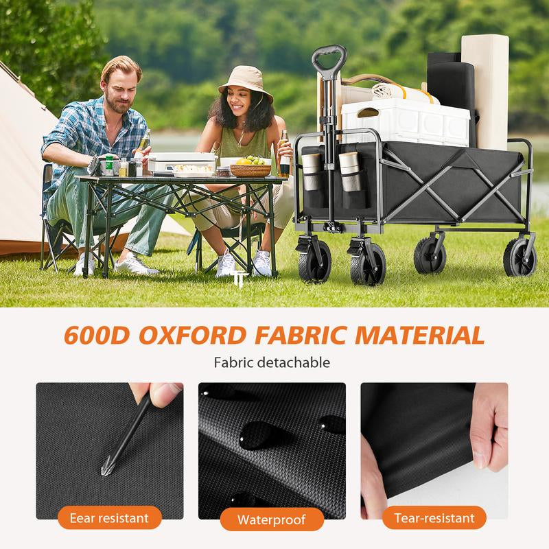 Collapsible and Foldable Wagon Cart with Large Capacity for Garden and Beach, Featuring All-Terrain Wheels and Drink Holders for Shopping, Sports, and Camping