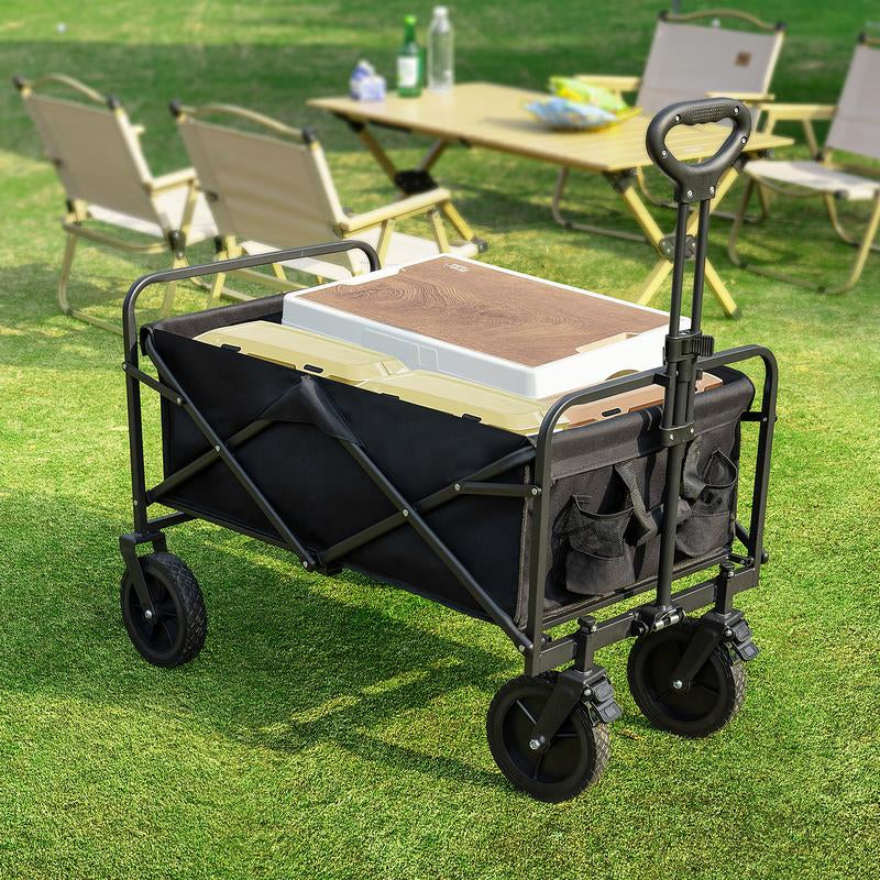 Collapsible and Foldable Wagon Cart with Large Capacity for Garden and Beach, Featuring All-Terrain Wheels and Drink Holders for Shopping, Sports, and Camping