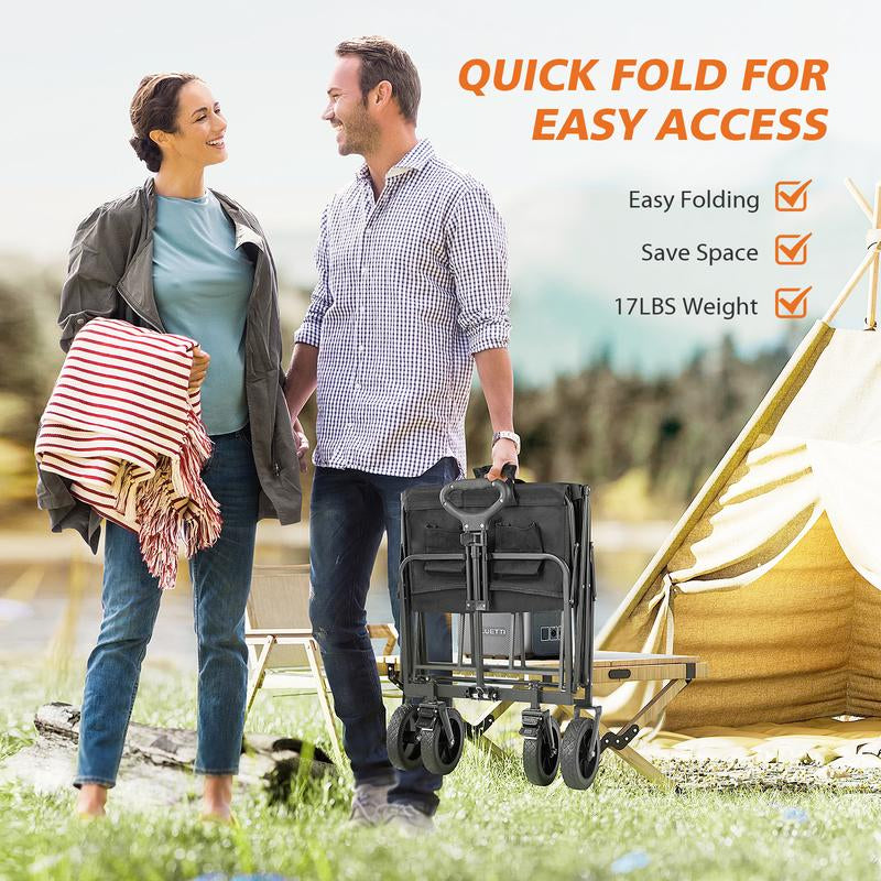 Collapsible and Foldable Wagon Cart with Large Capacity for Garden and Beach, Featuring All-Terrain Wheels and Drink Holders for Shopping, Sports, and Camping