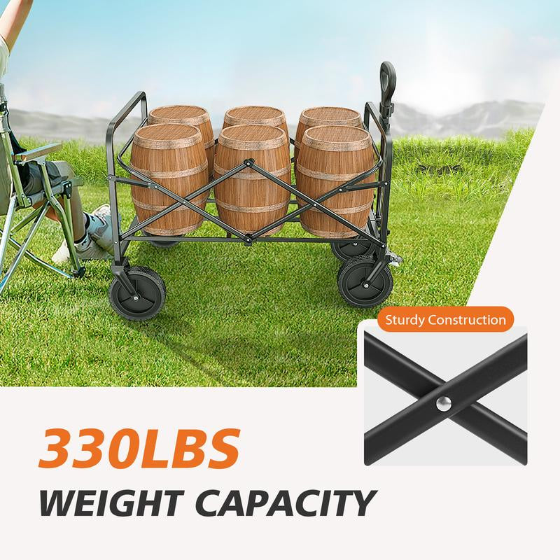 Collapsible and Foldable Wagon Cart with Large Capacity for Garden and Beach, Featuring All-Terrain Wheels and Drink Holders for Shopping, Sports, and Camping